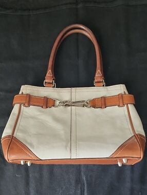Vintage Coach Cream and Tan Leather Shoulder Bag with Silver Bit Detail
